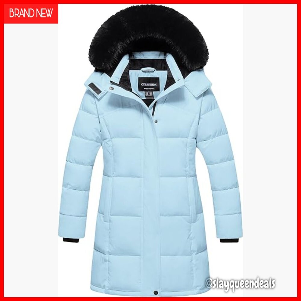 Girls Waterproof Puffer Jacket with Detachable Hood Fleece Lined Ski Parka